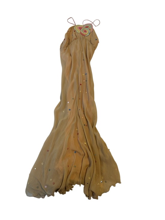 Samantha Treacy Dresses & Skirts - Samantha Treacy Embellished Mustard Halter Maxi Dress with Beaded Appliqué